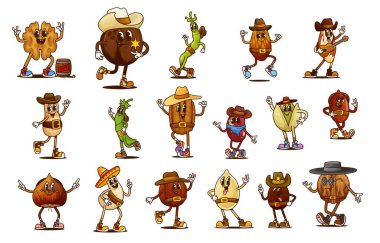 Cartoon groovy nut and bean cowboy or bandit characters in Wild West hats. Retro psychedelic hippy food vector personages of groovy Western peanut, almond, hazelnut and walnut cowboys, coconut sheriff