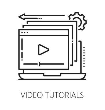Online education video tutorial line icon or label. Online web course symbol, distance education outline vector pictogram. Internet classes icon or sign with video player window on laptop screen