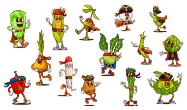 Cartoon groovy pirate and corsair vegetable characters, vector y2k farm food. Funny corn, asparagus, pepper and onion, olive and mushroom veggies. Groovy potato and radish pirate vegetable characters