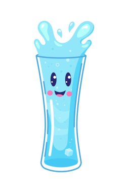 Cartoon clean water cold beverage splash in glass cute character. Pure drink glass cute mascot, fresh mineral water cup funny isolated vector character. Natural aqua cheerful cartoon personage