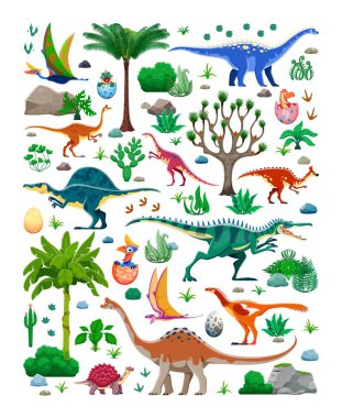 Cartoon prehistoric dinosaurs, Jurassic jungle environment elements. Quetzalcoatlus, pelecanimimus, anchisaurus and amurosaurus, oxalaia vector character, forest trees, fern, stones and dino baby egg