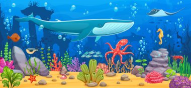 Underwater landscape with cartoon blue whale and octopus in coral reef, vector background. Sea and ocean underwater landscape with seahorse and manta ray or fugu fish with pearl shell in deep water
