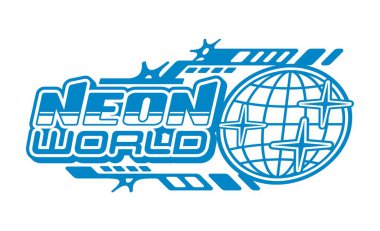 Neon world blue globe retro Y2K icon or badge. Business globus Y2K vector icon, planet Earth emblem. Internet and web network globe sphere mesh symbol with Sci-Fi futuristic typography text and stars