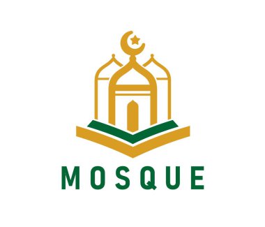 Arap Müslüman camisi simgesi ya da amblemi. İslam kültür merkezi sembolü, Müslüman Kuran okul vektör amblemi. İslam dini kütüphanesi simgesi ya da hilal ve yıldız ile imzalanan minare ve açılan kitap