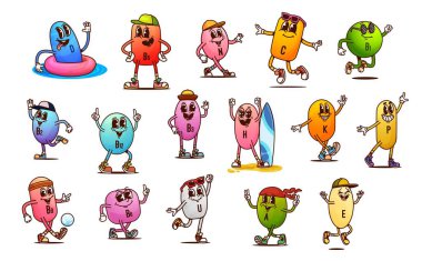 Harika vitamin ve mikro besin değeri olan karakterler. Benzersiz pozlar, ifadeler ve spor kıyafetlerle etiketlenmiş şirin çizgi film vektör kapsülleri. Eğlence ve eğitim sağlık hizmetleri y2k hippi tıp personeli