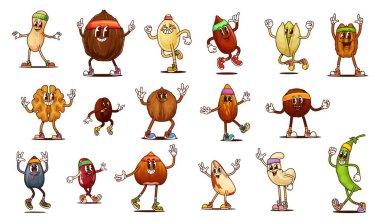 Çizgi film fındıkları ve tohum karakterleri. Macadamia, fıstık, ceviz ve şam fıstığı. Brezilya fındığı, kahve çekirdeği, hindistan cevizi, ayçiçeği ya da kabak çekirdeği. Badem, kaju, kozalak ve kakao çekirdeği.