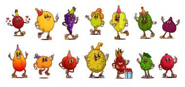 Şen şakrak pozlar, parti şapkaları, etkileyici yüzler ve komik kostümler. Meyvelerin çizgi film vektör seti kutlama, neşe içinde dans ve sevinç, şenlikli ve sağlıklı bir yaşam sunuyor.