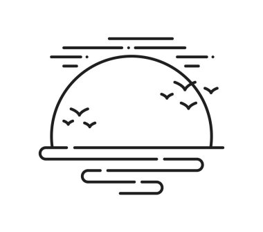 Okyanus ya da deniz batımı manzara çizgisi simgesi ya da simgesi. Doğa çevre elementi, doğrusal vektör sembolü, seyahat manzarası ikonu. Açık deniz sahnesi. Batan güneş, deniz ufku, gökyüzündeki kuşlar.