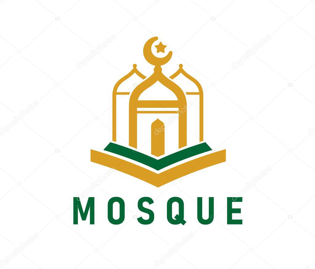 Arabian muslim mosque graphic icon or emblem. Islamic culture center symbol, Muslim Quran school vector emblem. Islam religion library icon or sign with crescent and star, minaret and opened book