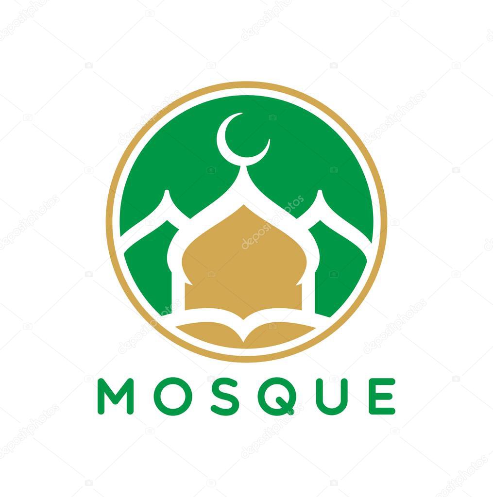 Arabian muslim mosque abstract icon or label. Arab Quran emblem, Islamic culture abstract vector label. Islam religion graphic symbol or Muslim mosque icon with mosque dome and moon crescent