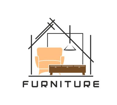 Ev içi, oturma odası mobilya mağazası ikonu. Ev dekoratörü vektör etiketi, iç tasarım şirketi rozeti. Oturma odası mobilya mağazası simgesi kahverengi koltuk, çekmece ve tavan lambası