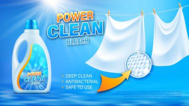 Gerçekçi çamaşır deterjanı temizleyici poster, temiz beyaz keten, vektör reklam şablonu. Çamaşır deterjanı şişesi çamaşır suyu ve antibakteriyel etkiyle birlikte beyaz temiz çarşaflar asılmış.