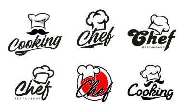 Aşçı şapkaları, aşçılık ve fırın, restoran ve yemek simgeleri. Vektör şefi Toques, aşçı şapkaları ya da bıçaklı fırıncı şapkaları, kaşık ve klasik bıyıklı izole amblemler, bistro ya da aşçı amblemi
