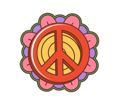 70 'lerin modası geçmiş klasik papatya çiçeği etiketi ya da etiketi. Eski moda etiketler, izole edilmiş garip vektör etiketleri. Hippi pasifik sembollü retro yama, papatya çiçeği yapraklı