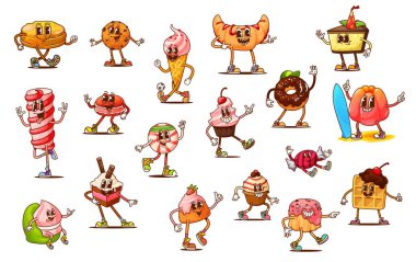 Çizgi film süper tatlı ve şeker karakterleri, gülen yüzlü vektör retro tatlı yemek kişilikleri. Şirin çikolatalı pasta, dondurma, kruvasan ve kek, komik harika kurabiye, donut ve waffle tatlısı.