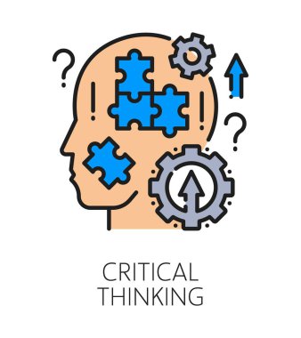 Kritik yaşam becerisi renk çizgisi simgesi ya da işareti. İnsan kalitesi çizelgesi vektör işareti, insanların yaşam becerisi simgesi. İnsan kafası silueti, yapboz ve çark ile eleştirel düşünme yeteneği sembolü