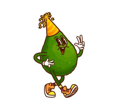 Doğum günü şapkalı, komik suratlı, vektör kişilikli harika bir Meksikalı avokado çizgi film karakteri. Parti şapkasıyla harika bir avokado. Gülen yüzünde çılgın bir gülümseme ve komik meyve karakterine güzel bir jest.