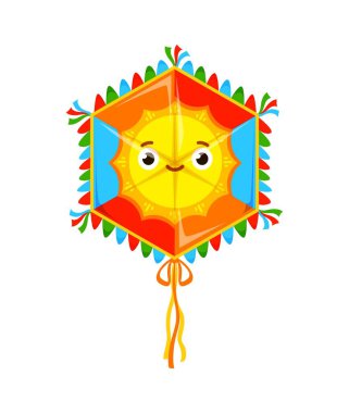 Çocuk oyuncakları için festival kağıt uçurtması ya da uçurtmalar için yaz festivali, vektör ikonu. Makar Sankranti Hindistan tatili için ipleri olan kağıt uçurtmaya gülümseyen çizgi film güneşi.