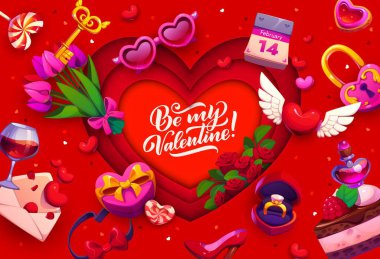 Sevgililer günü gazetesi, bayram tebrik kartı, çiçek ve vektör aşk kartı. Kağıt kesiği kalp, alyans ve lolipop dolu aşk mektubu için sevgililer günü sözüm ol.