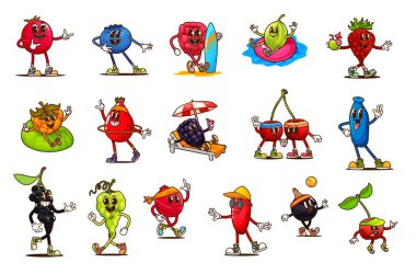 Tatilde çizgi film karakterleri, plaj aktiviteleri yapan hippi meyve taşıyıcıları. Şirin harika çilek, ahududu, böğürtlen ve çilekli kokteyl ve toplarla