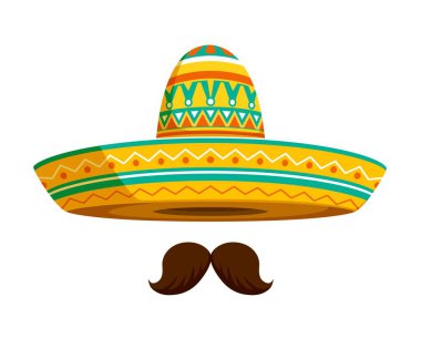 Meksikalı çizgi roman mariachi sombrero şapkalı ve bıyıklı. Amigo adamlar sombrero, mariachi müzisyenleri. Cinco de Mayo bayram şapkası, sarı, turkuaz ve beyaz geometrik etnik süslemeler.