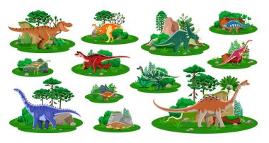Tarih öncesi dinozor çizgi film karakterleri. Hayvansal Jurasik doğa manzaralarının vektör kümesi. Yeşil orman arka planında eski sürüngen türleri. Tuhaf vahşi yaratıklar, boynuzlar, uzun boyun ve kuyruklar.