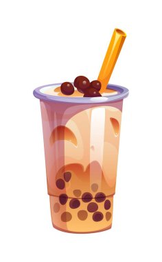 Karikatür sütlü çay bardakta kremalı içecek. Siyah tapyoka incileri ve samanla servis edilen tatlı bir içecek. Şeffaf yemek kabında, katmanlı dokuma ve krem şantili Asya tatlısı.