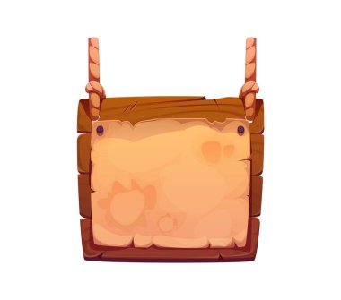 Korsan tabela çerçevesi ve Karayip korsan serüvenleri için heraldry ikonu, çizgi film vektörü. Ortaçağ bar barı için iplere asılı parşömen kağıtlı eski ahşap tahta üzerinde korsan tabelası.