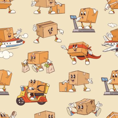 Karton karton kutu, vektör, kusursuz desen. Kutular bakkal taşır, scootera biner, uçağa biner, kırmızı pelerinli süper kahraman, alışveriş yapar, mal taşır ve kilo kontrolü yapar.