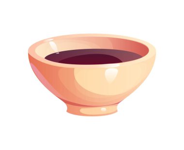 Karikatür soya sosu kasesi, pürüzsüz yuvarlak porselen bir kabın içinde koyu parlak bir sıvıyla. Vektör gıda malzemeleri, Asya mutfağı yemekleri, yemek tarifleri ve deniz ürünleri restoranı için tuzlu iştah açıcı baharatlar.