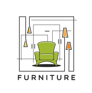 Ev dekorasyonu ve mobilya vektör simgesi. Oturma odası yeşil yastıklı koltuk ve turuncu gözlüklü kolye lambaları. Mobilya dükkanı, dekor dükkanı, oda içi sembol.