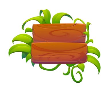 Tropikal liana yapraklarındaki tahta tabelanın orman macerası işareti, çizgi film vektörü. Tropikal liana çerçevesinde ahşap levhalar oyunu karşılamak ya da yön işareti için ayrılırlar.