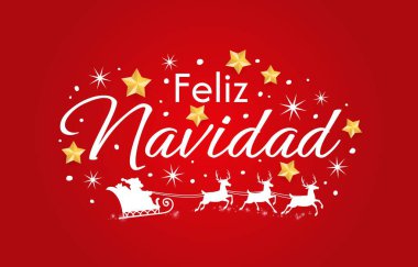 Feliz Navidad İspanyol Mutlu Noeller kartı kırmızı arka plan ve geyikler tarafından çekilen beyaz Noel Baba kızağı silueti. Xmas için kırmızı kart üzerinde beyaz kar taneleri olan altın yıldızlar