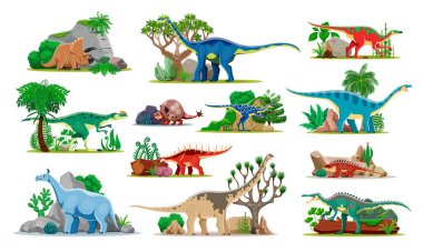 Tarih öncesi dinozorlar komik çizgi film karakterleri. Tarih öncesi hayvanlar sevimli vektör kişilikler. Triceratops, Quaesitosaurus, Anatotitan, Kileskus ve Doedicurus dinozor karakterleri.