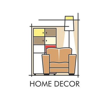 Ev dekorasyonu ve mobilya mağazası ikonu. Daire odası tasarımı vektör etiketi, ev oturma odası dekor dükkânı ikonu. Koltuk, yer lambası ve dolap kitaplığıyla ev içi atölye amblemi