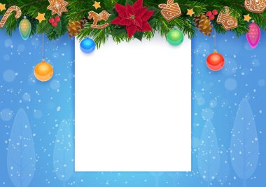 Noel ve kış tatilleri için tebrik kartı şablonu. Çizgi film vektörü karlı arkaplan, çam dalı çerçeve, noktalı nokta ve boş beyaz kağıt sayfasını çevreleyen zencefilli ekmek