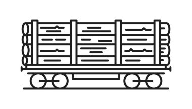 Tahta kütük nakliye vagonu, kargo lojistik demiryolu hattı ikonu ya da etiketi. Kargo sevkiyatı, hat çizimleri, kargo teslimatı, lojistik vektör işareti. Demiryolu taşımacılığı ana simgesi