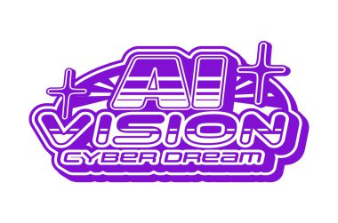 Bilgisayar ai görüşü ve teknoloji retro Y2K simgesi veya sembolü. Yazılım ve yapay zeka klasik vektör simgesi, 60 'ların işareti. Soyut tipografi içeren bilgisayar teknolojisi Y2K sembolü veya ögesi