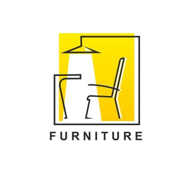Ev içi ve mobilya mağazası soyut ikonu. Daire içi şirket ince çizgi vektör amblemi, ev dekorasyon atölyesi etiketi. Ofis mobilya dükkanı rozeti, sandalye, yuvarlak masa ve tavan lambası.