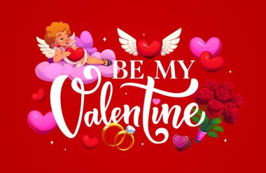 Sevgililer Günü bayrağım ol. Aşk meleği, kalpler ve çiçekler olsun. Aziz Valentine tatil vektör posteri. Romantik tebrik kartı ya da üzerinde aşk tanrısı olan bir broşür, çiçekler, nişan yüzüğü ve browni kurabiyesi.