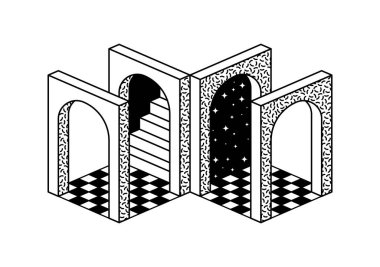 Psikedelik trippy retro Y2K kemer girişi. Trippy portal, psychedelic sürreal Y2K vektör şekli. Geometrik grafik kavis veya yıldızlı ve kareli desenli retro funky element