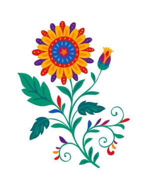 İnce kıvırcık saplı sarı yapraklı geleneksel Meksika halk çiçekleri. Latin kökenli bitki dekorasyonu, Latin Amerika kültürü çiçek vektör elementi. Meksika çiçekli izole dekor