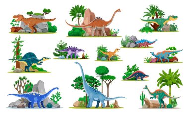 Tarih öncesi dinozor karakterleri doğa manzarasında. Tarih öncesi Tyrannosaur, Pelorosaurus, Allosaurus ve Oxalaia, Struthiosaurus, Velociraptor dinozor çizgi film karakterleri ağaçlar ve kayalar arasında