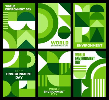Geometrik Bauhaus desenli dünya çevresi gündüz posterleri. Ekoloji tasarrufu, dünya çevresi gündüz vektör pankartı ya da poster. Bauhaus soyut, grafik yeşil şekilli doğa koruma broşürü