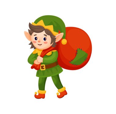 Noel kutlaması elf çizgi roman komik karakter. Xmas, Noel Baba 'ya yardım eden sevimli kişiyi kutluyor Noel tatili elf, sırtında hediyeler taşıyan izole vektör karakteri.