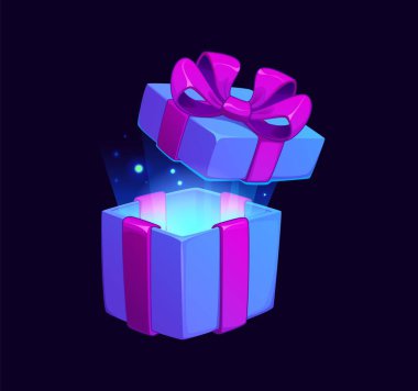 Çizgi film hediye kutusu simgesi ya da eşya açtı. PC oyunu zafer ödülü vektör simgesi, video oyunu ödül öğesi. Bilgisayar oyunu ya da mavi renkli atari objesi içinde parlayan pembe kurdeleli bir kutu.