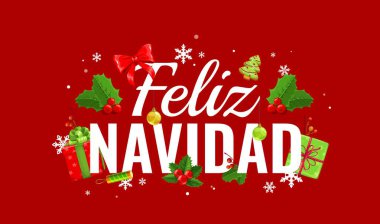 Kırmızı arka planda beyaz tipografi olan Feliz Navidad İspanyol Noel tebrik kartı. Ökseotu filizli vektör kartı, bayram hediyeleri, ağaç süslemeleri, kar taneleri ve zencefilli kurabiyeler.
