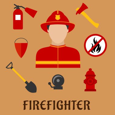 Fireman with fire fighting tools, flat icons