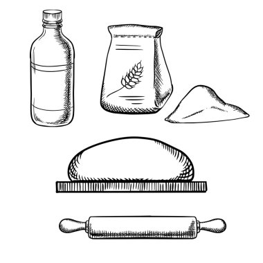 Dough with rolling pin, flour and milk