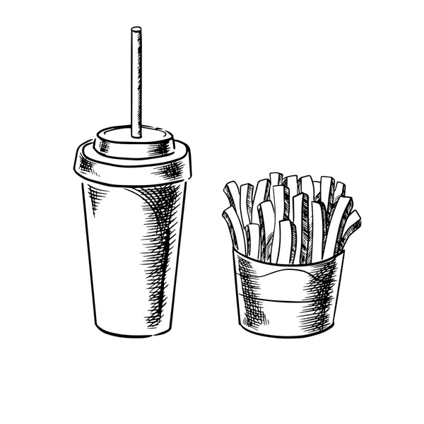 French fries and cold soda drink sketches — Stockvector